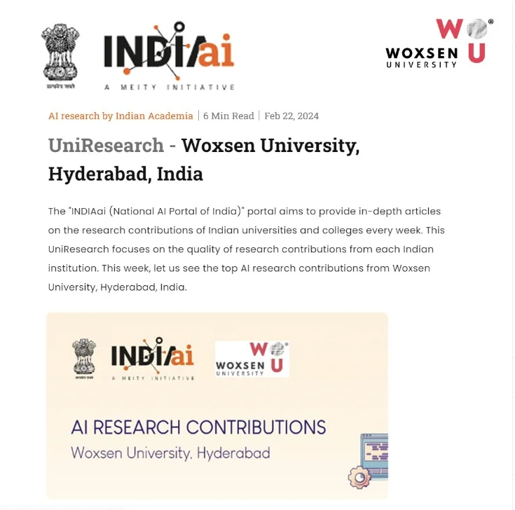 Woxsen's AI Research contributions are featured on INDIai portal, Ministry of Electronics & Information Technology