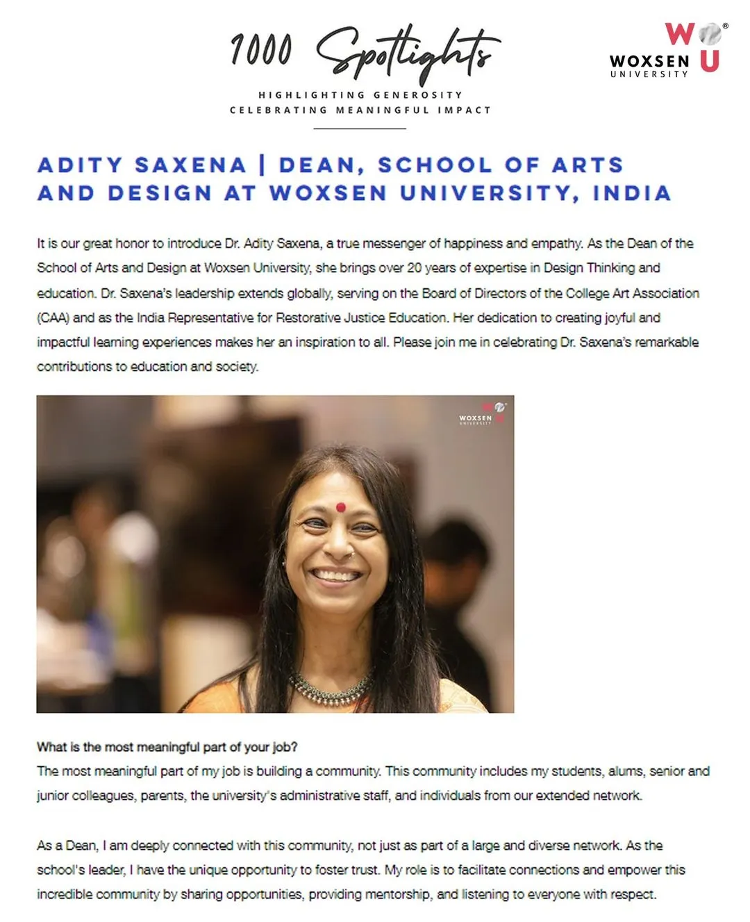 Dr. Adity Saxena, PhD, Dean - School of Arts & Design, Woxsen University featured in 1000 Spotlights magazine