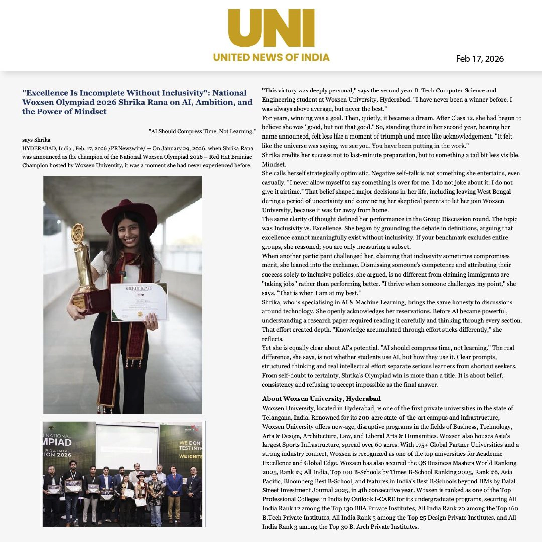 Woxsen Olympiad Champion Shrika Rana Featured in National Media